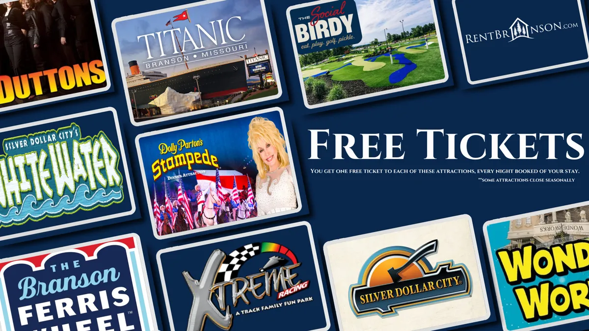 A lively and colorful interior scene featuring attraction logos, the phrase 'Free Tickets,' and imagery representing theme parks and family-friendly entertainment. It directly references nearby attractions like Silver Dollar City, connecting families to local adventures beyond the property.